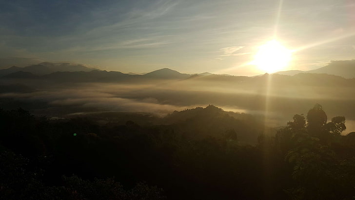 early morning, foggy, morning sun, mountains, nature, sunrise, HD wallpaper