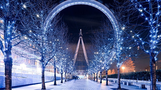 бяло виенско колело, Лондонско око, коледни светлини, дървета, Лондон, пътека, град, небе, HD тапет HD wallpaper