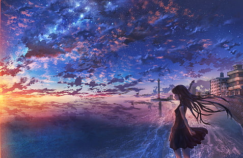 Anime, Original, Cidade, Menina, Horizonte, Oceano, Céu estrelado, Pôr do sol, HD papel de parede HD wallpaper
