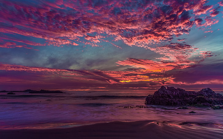 landscape, California, sunset, clouds, rock, sea, bay, HD wallpaper