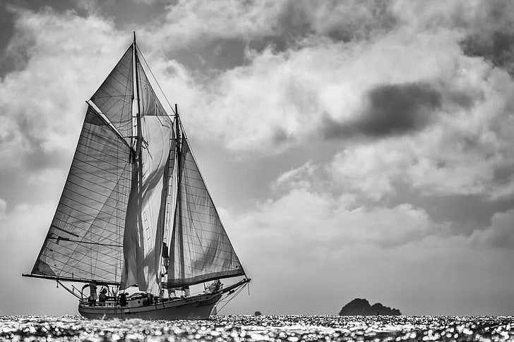 sea, photo, yacht, sails, black and white, regatta, HD wallpaper