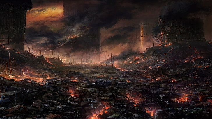 bangunan terbakar oleh lava, karya seni, apokaliptik, api, gurun, Wallpaper HD