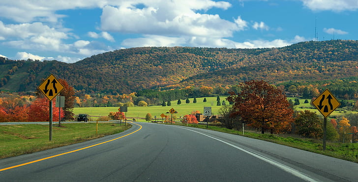 photography of curved grey concrete road during daytime, Southbound, photography, grey, concrete road, daytime, Pennsylvania, Centre County, County  Route 322, US Route 322, highway, mountains, clouds, cumulus, autumn, creative commons, road, nature, asphalt, tree, rural Scene, landscape, travel, sky, outdoors, mountain, HD wallpaper