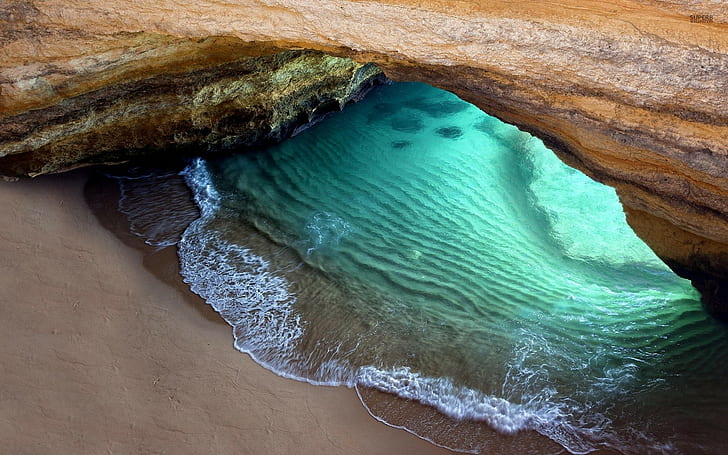 sandy, Beach, In, the, cave, sand, Water, arch, Rock, beaches, 1920x1200, HD wallpaper