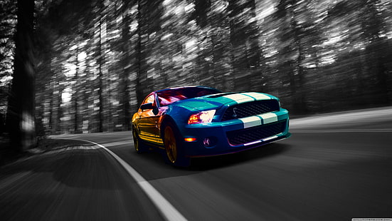 สีน้ำเงินและสีขาว Ford Mustang GT, Shelby GT500, Ford Mustang Shelby, วอลล์เปเปอร์ HD HD wallpaper
