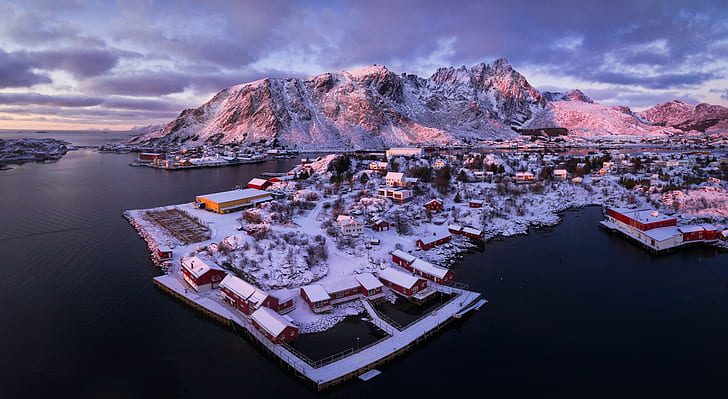 Ballstad village, îles Lofoten, Norvège, ..., Europe, Norvège, voyage, hiver, village, photographie, îles, aérien, pittoresque, lofoten, Ballstad, village de pêche, Fond d'écran HD