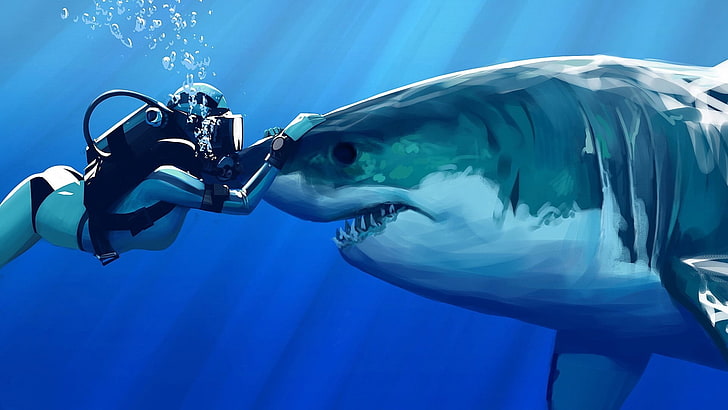 жена държи акула тапет, цифрово изкуство, рисуване, под вода, акула, слънчеви лъчи, синьо, море, мехурчета, зъби, жени, водолази, Голяма бяла акула, HD тапет