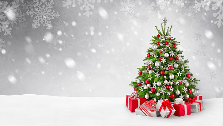 緑のクリスマスツリーの図、雪、木、新年、クリスマス、冬、装飾、メリー、 HDデスクトップの壁紙
