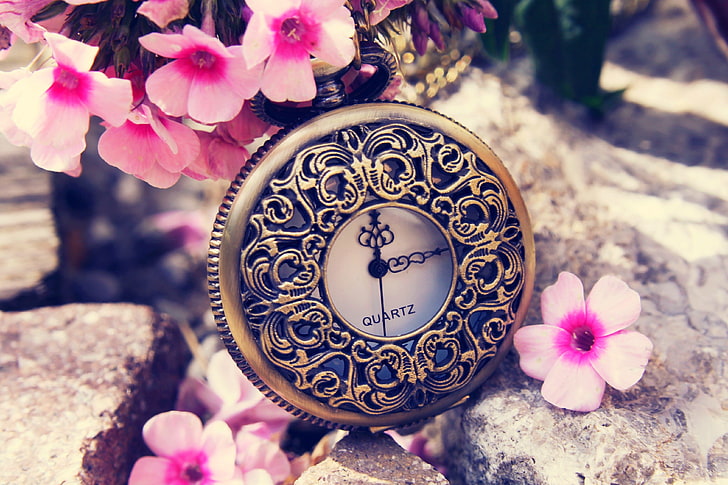 selective focus photography of round gold-colored pocket watch, flowers, time, watch, spring, dial, clock, switch, HD wallpaper