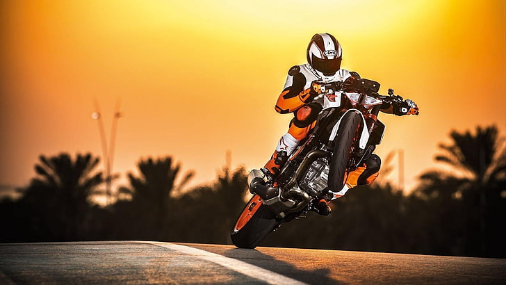 motocykl, zachód słońca, freestyle motocross, sport ekstremalny, motocross, motorsport, motocykl, supermoto, niebo, motocyklowe, Tapety HD