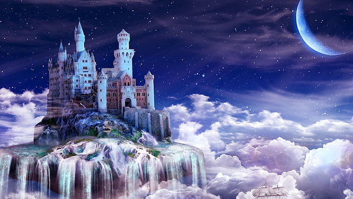 château, nuages, lune, étoiles, rêve, étoilé, fantaisie, Fond d'écran HD