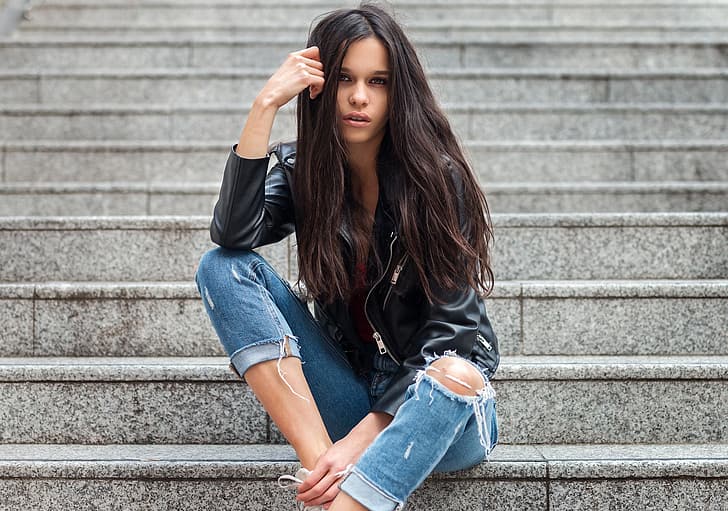 Girl, long hair, brown eyes, photo, model, lips, jeans, face, brunette, sitting, portrait, stairs, pants, mouth, open mouth, looking at camera, torn jeans, straight hair, leather jackets, looking at viewer, hand in hair, Alexia Emilie Cbt, Fabien Mir, HD wallpaper
