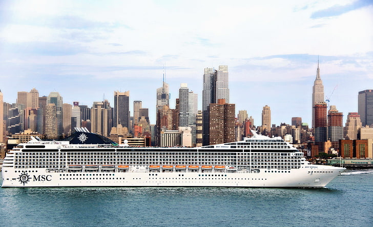 white MSC cruise ship, passenger liner, ship, city, river, sea, msc, HD wallpaper