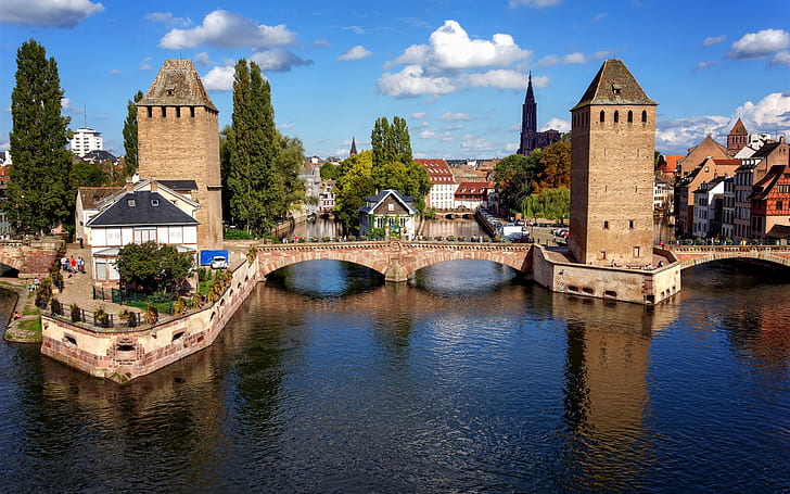 Strasbourg, France, pont, maisons, rivière, Strasbourg, France, pont, maisons, rivière, Fond d'écran HD
