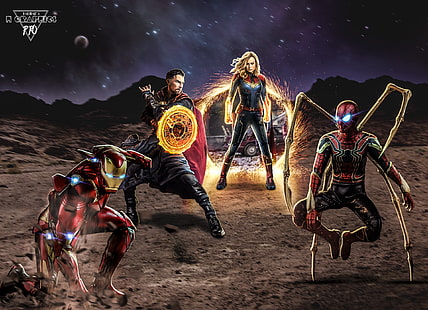 Мстители, Эндшпиль Мстителей, Капитан Марвел, Доктор Стрэндж, Железный Человек, Человек-Паук, HD обои HD wallpaper