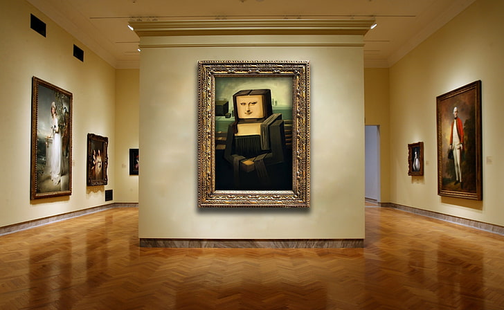 Galeria de arte, pintura de Monalisa com moldura, arquitetura, galeria, HD papel de parede