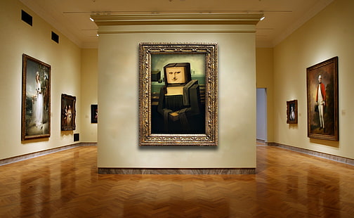 Galeria de arte, pintura de Monalisa com moldura, arquitetura, galeria, HD papel de parede HD wallpaper