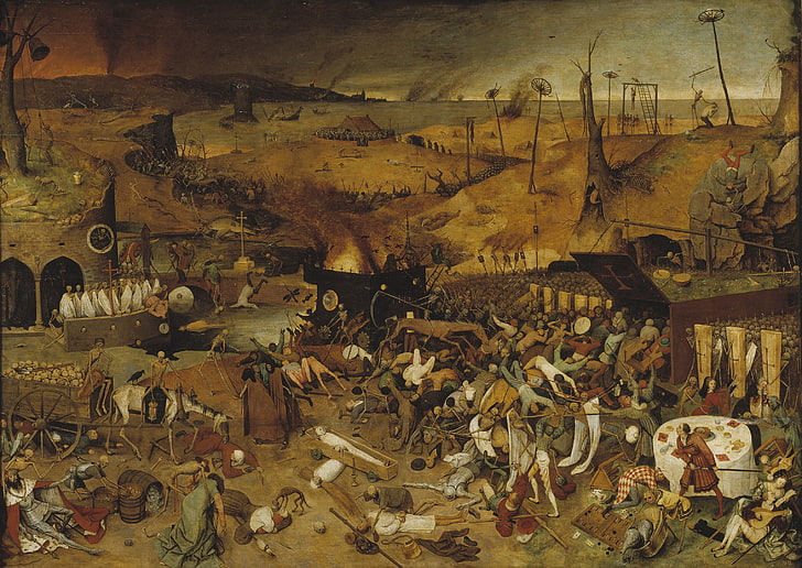 grupo de pessoas perto de construção e árvores pintura, pintura, morte, esqueleto, arte clássica, Pieter Bruegel, O triunfo da morte, HD papel de parede