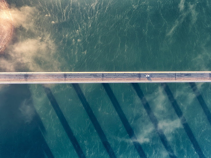 gray concrete bridge over body of water, car, sea, clouds, shadow, bridge, HD wallpaper