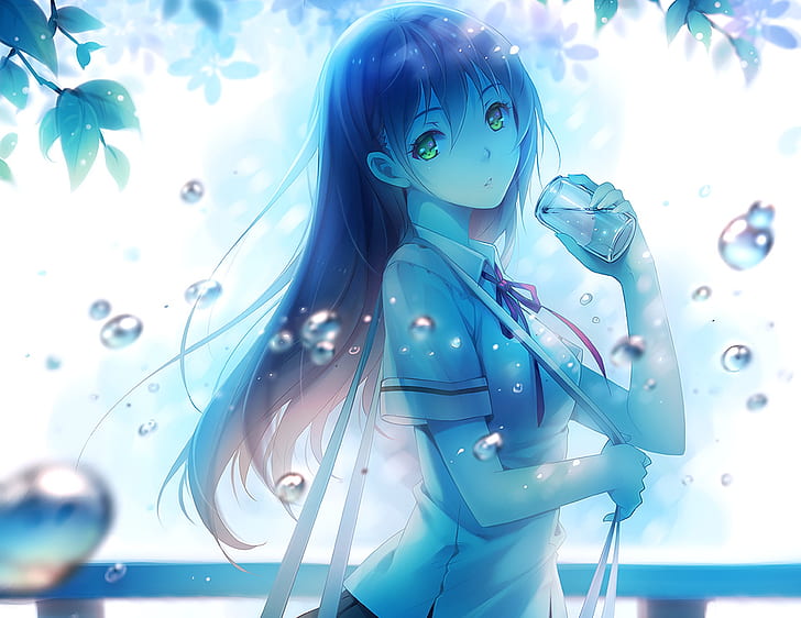 water, girl, bubbles, branch, anime, art, form, schoolgirl, tidsean, niya, HD wallpaper