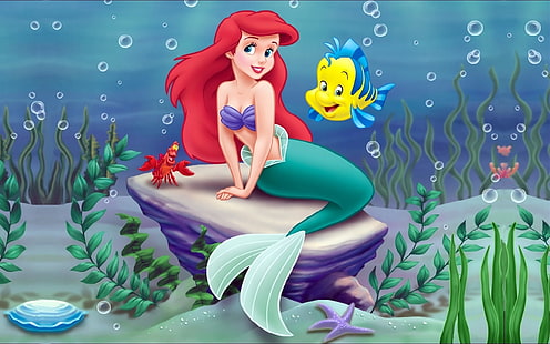 море, водорасли, карикатура, рак, русалка, Дисни, Ариел, малка русалка, слънчева рибка, HD тапет HD wallpaper