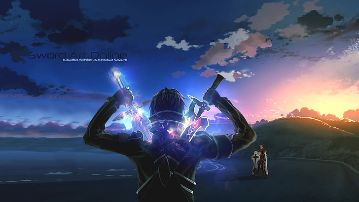 Schwertkämpfer digitale Tapete, Illustration von Schwert Art Online, Schwert Art Online, Kayaba Akihiko, Meer, Anime, dunkle Haare, graue Haare, Kirigaya Kazuto, HD-Hintergrundbild