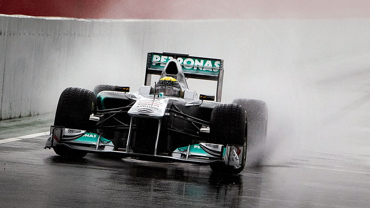 black R/C car, Mercedes AMG Petronas, Formula 1, Lewis Hamilton, vehicle, rain, sport , sports, race cars, car, HD wallpaper