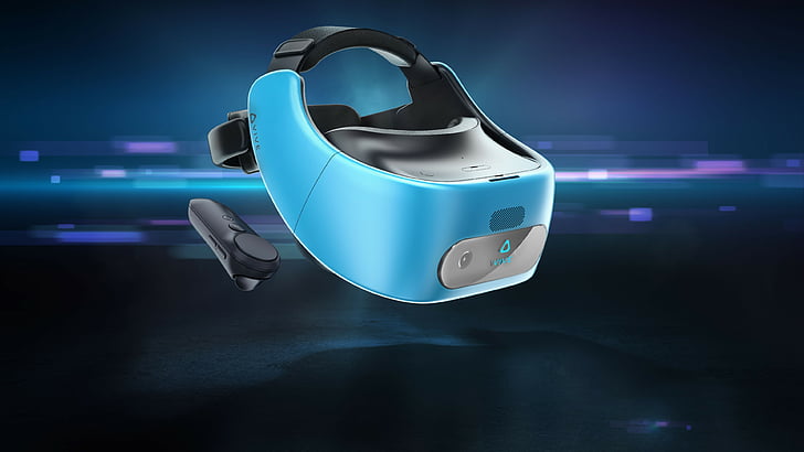 photo of blue VR goggles with remote game control, HTC Vive Focus, 4k, HD wallpaper