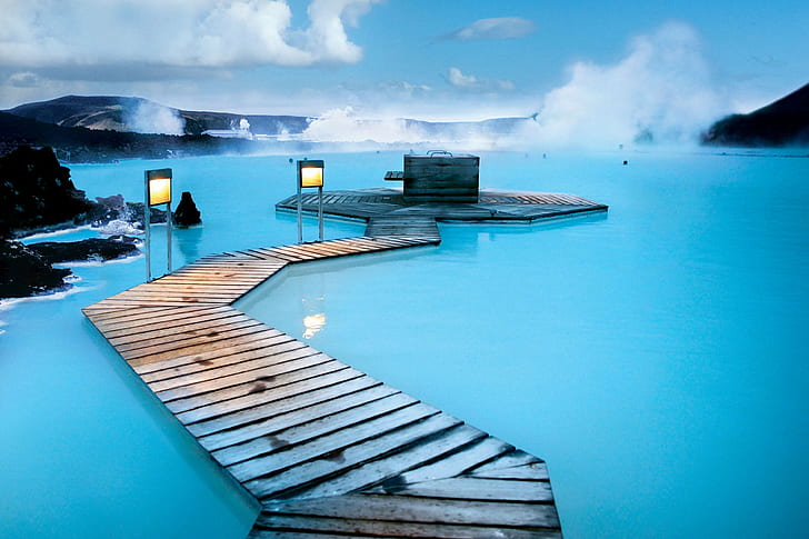 gray wooden dock surrounded by body of water, iceland, iceland, Blue Lagoon, Iceland, dock, body of water, air, arctic, attraction, bathe, bathing, baths, blue  circle, door, doors, dusk, Europe, evening, geography, geological, geology, holidays, hot, illuminated, illumination, lagoon, leisure, lighting, lights, luminous, night, open, outdoor, outdoors, outside, pool, public, reykjavik, springs, subsurface, swim, swimming, thermal, tourism, travel, twilight, vacations, volcanic, water, nature, landscape, lake, blue, pier, HD wallpaper