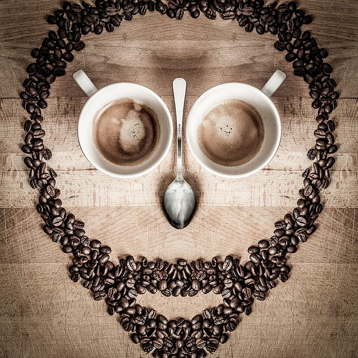 форма на форма на черепа от кафе на зърна, чаши и лъжица за маса, де, ООН, луни, череп, форма, форма, кафе на зърна, чаши, маса, лъжица, 5D, Mk2, Photoshop, кафене, чаша, кафе - питие, питие, кафяво , кофеин, боб, еспресо, закуска, дърво - Материал, HD тапет