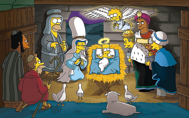 Сцената на Рождество на Симпсън, Симпсъните, Омир Симпсън, Мардж Симпсън, Барт Симпсън, Лиза Симпсън, карикатура, HD тапет