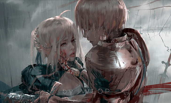 man and woman anime characters illustration, anime, anime girls, Fate/Stay Night, Gilgamesh, Saber Lily, Fate Series, short hair, rain, armor, sword, weapon, WLOP, Saber, HD wallpaper