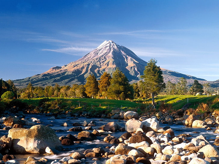 gunung, anak sungai, batu, Selandia Baru, puncak bersalju, Wallpaper HD