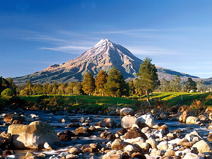 планини, потоци, камъни, Нова Зеландия, снежен връх, HD тапет HD wallpaper