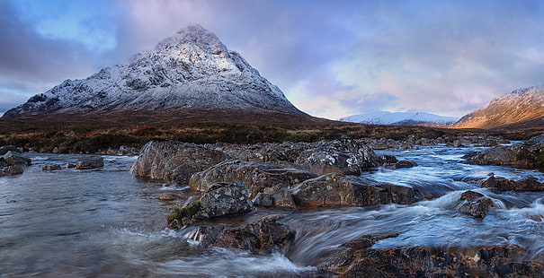 timelapse photo of river in valley and mountain filled with snows, timelapse, photo, valley, mountain, snows, Scotland, Glencoe, Buachaille Etive Mor, Mor  River, Landscape, nature, scenics, outdoors, snow, water, rock - Object, river, ice, glacier, beauty In Nature, mountain Peak, travel, HD wallpaper HD wallpaper