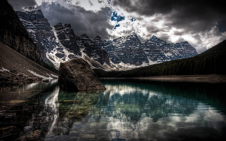 black mountains, river between terraing under cloudy sky, landscape, mountains, clouds, water, rock, Moraine Lake, Banff National Park, Canada, HDR, nature, HD wallpaper