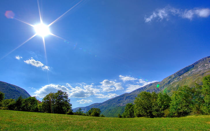 Sunny Spring Time, mountain, landscape, grass, sun, sky, nature, HD wallpaper