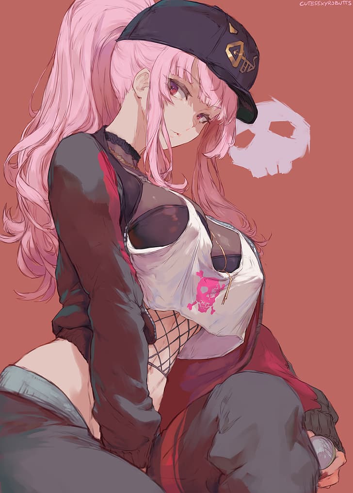 Mori Calliope, Virtual Youtuber, Hololive, anime girls, fictional character, anime, baseball caps, pink hair, bangs, ponytail, jacket, white tops, tank top, fishnet, looking at viewer, parted lips, sitting, portrait display, vertical, artwork, 2D, illustration, drawing, fan art, cutesexyrobutts, HD wallpaper