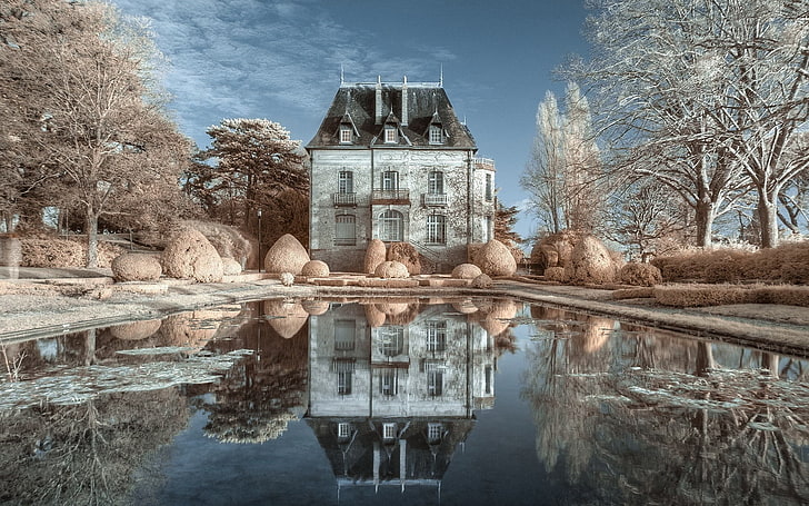 bangunan beton berwarna coklat dan putih, refleksi, bangunan, chateau, castle, Prancis, musim dingin, Wallpaper HD