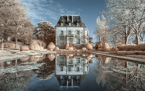коричнево-белое бетонное здание, отражение, здание, замок, замок, франция, зима, HD обои HD wallpaper