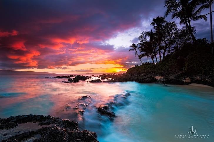 залез, палми, Хавай, фотограф, Кенджи Ямамура, Тайният плаж, отров Мауи, HD тапет