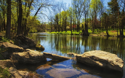 Primavera, fiume, alberi, rocce, erba, primavera, fiume, alberi, rocce, erba, Sfondo HD HD wallpaper