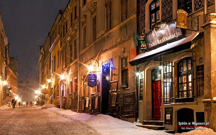 Lublino, Polonia, polacco, paesaggio urbano, turismo, turista, Europa, neve, città, calma, nevica, pub, Sfondo HD