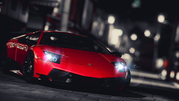 มุมมองด้านหน้าของซูเปอร์คาร์ Lamborghini สีแดง, กลางคืนในเมือง, สีแดง, Lamborghini, Supercar, ด้านหน้า, มุมมอง, เมือง, กลางคืน, วอลล์เปเปอร์ HD