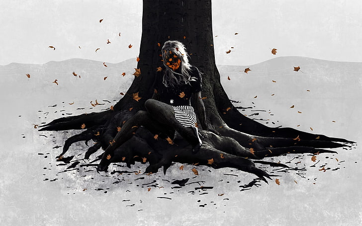 жена седи под дърво картинки, жена силует седи на дърво с падащи кафяви листа цифрови тапети, призрачен, есен, Хелоуин, HD тапет
