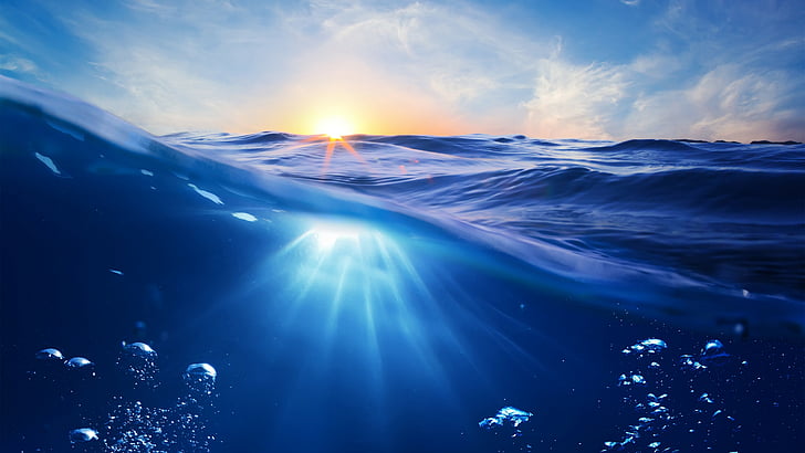 olas del océano bajo el sol, Océano, 5k, 4k fondos de pantalla, 8k, Mar, naturaleza, bajo el agua, agua, sol, cielo, azul, rayos, Fondo de pantalla HD