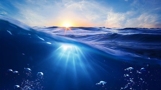 ondas do oceano sob o sol, oceano, 5k, papel de parede 4k, 8k, mar, natureza, subaquática, água, sol, céu, azul, raios, HD papel de parede HD wallpaper