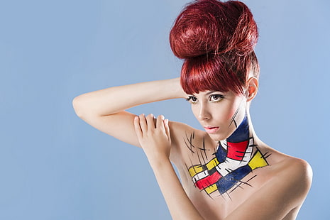 model, berambut merah, wanita, cat wajah, cat tubuh, makeup, Wallpaper HD HD wallpaper