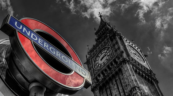 صورة بيغ بن بتدرج الرمادي ، إنجلترا ، لندن ، ساعة بيغ بن ، المملكة المتحدة ، مترو الأنفاق، خلفية HD HD wallpaper