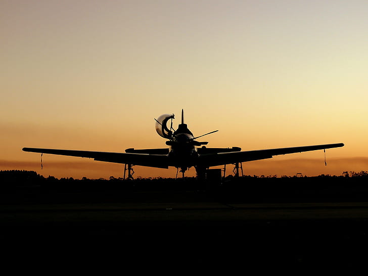 samolot, P-51D, North American P-51 Mustang, samolot wojskowy, zachód słońca, sylwetka, Tapety HD
